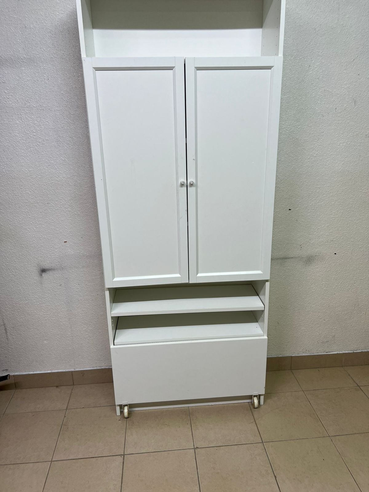 Modern White Storage Cabinet / Wardrobe with Top Shelf, Double Doors, Middle Display Shelf & Rolling Bottom Drawer – Freestanding Organizer for Bedroom, Living Room & Office - Image 6