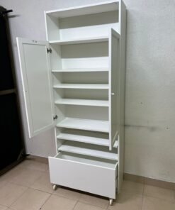 Modern White Storage Cabinet / Wardrobe with Top Shelf, Double Doors, Middle Display Shelf & Rolling Bottom Drawer – Freestanding Organizer for Bedroom, Living Room & Office - Image 8
