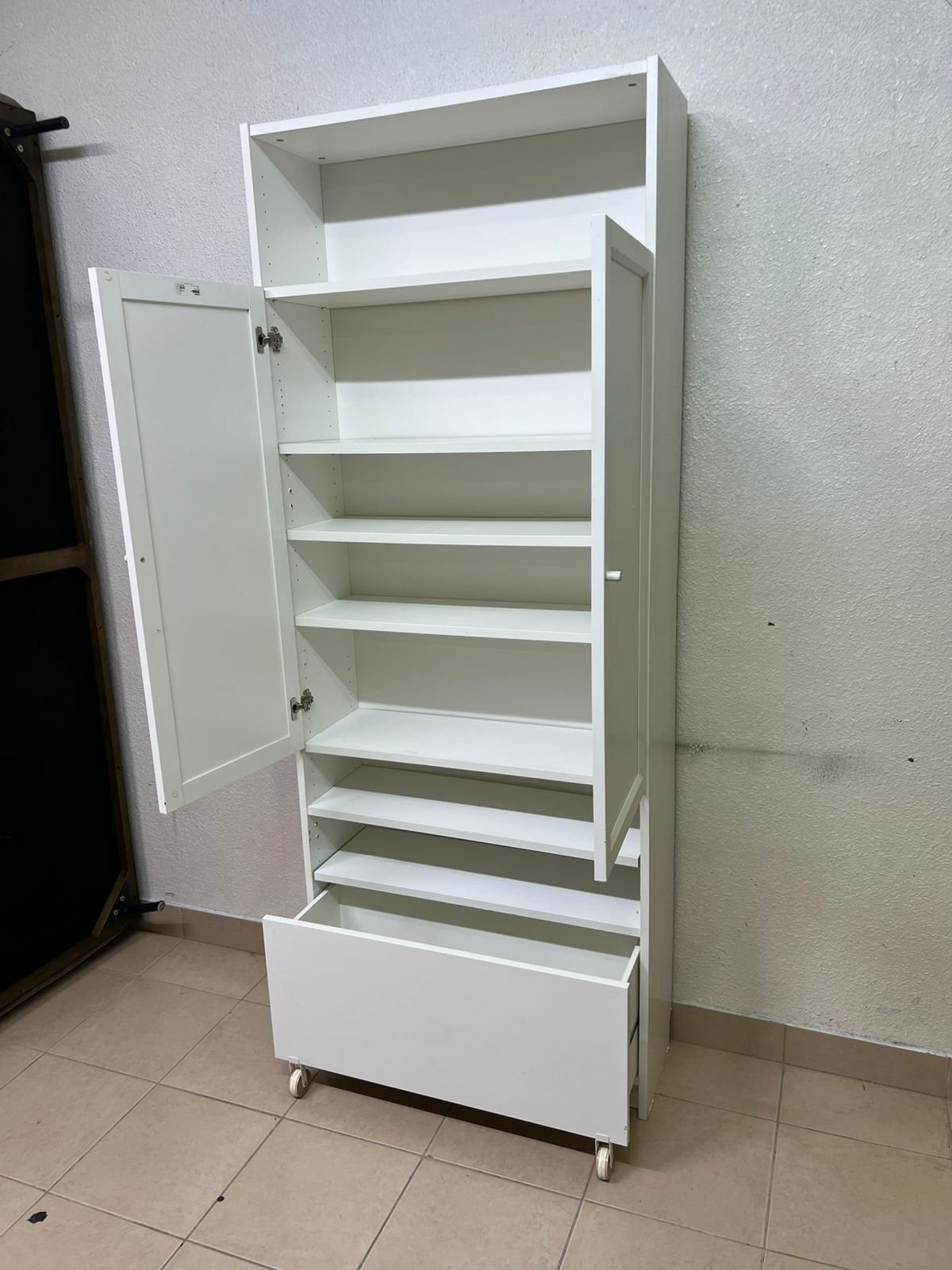 Modern White Storage Cabinet / Wardrobe with Top Shelf, Double Doors, Middle Display Shelf & Rolling Bottom Drawer – Freestanding Organizer for Bedroom, Living Room & Office - Image 8