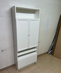 Modern White Storage Cabinet / Wardrobe with Top Shelf, Double Doors, Middle Display Shelf & Rolling Bottom Drawer – Freestanding Organizer for Bedroom, Living Room & Office - Image 10