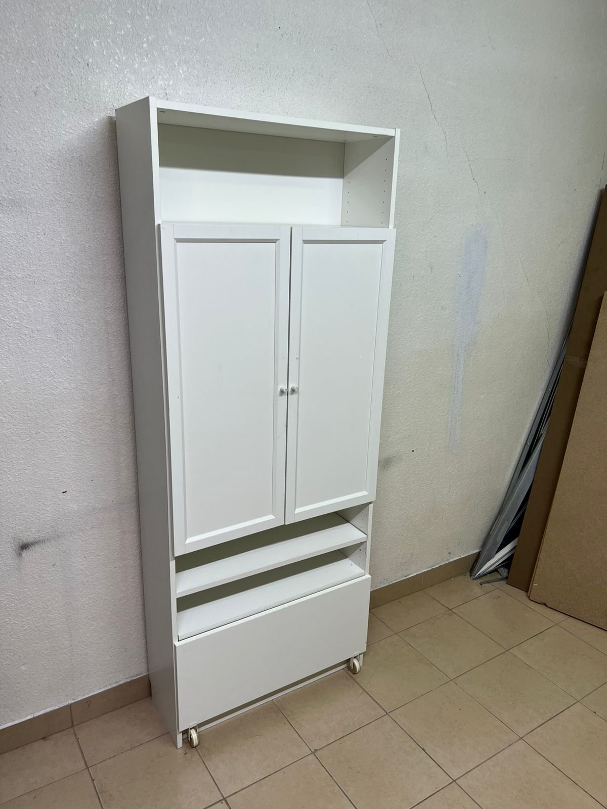 Modern White Storage Cabinet / Wardrobe with Top Shelf, Double Doors, Middle Display Shelf & Rolling Bottom Drawer – Freestanding Organizer for Bedroom, Living Room & Office - Image 10