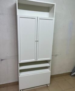 Modern White Storage Cabinet / Wardrobe with Top Shelf, Double Doors, Middle Display Shelf & Rolling Bottom Drawer – Freestanding Organizer for Bedroom, Living Room & Office
