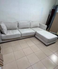 Modern Cream Fabric L-Shaped Sectional Sofa with Ottoman – Plush 3-Seater Couch with Fluffy Back Cushions & Solid Base for Living Room & Apartments