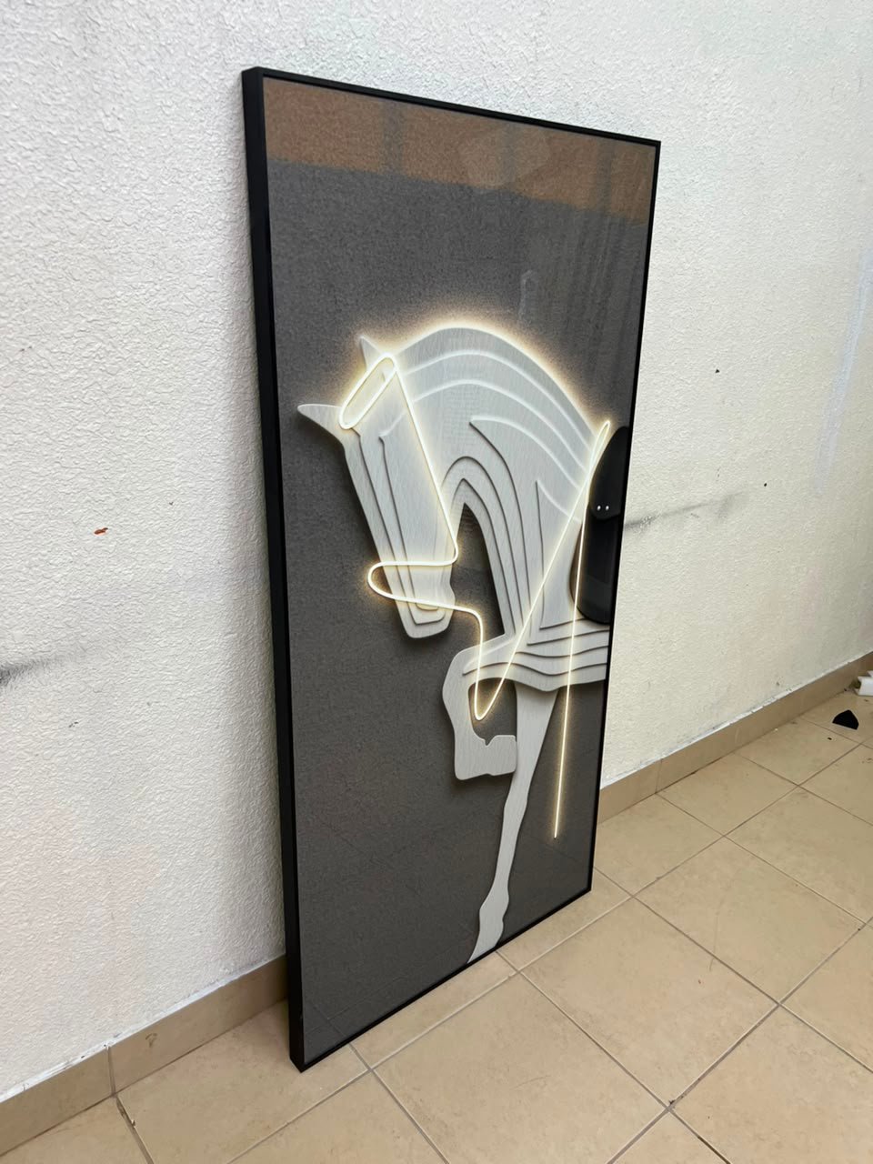 Modern 3D Neon Horse Wall Art – LED Lighted Black Framed Canvas with White Sculptural Horse, Contemporary Lighting for Living Room & Bedroom - Image 2