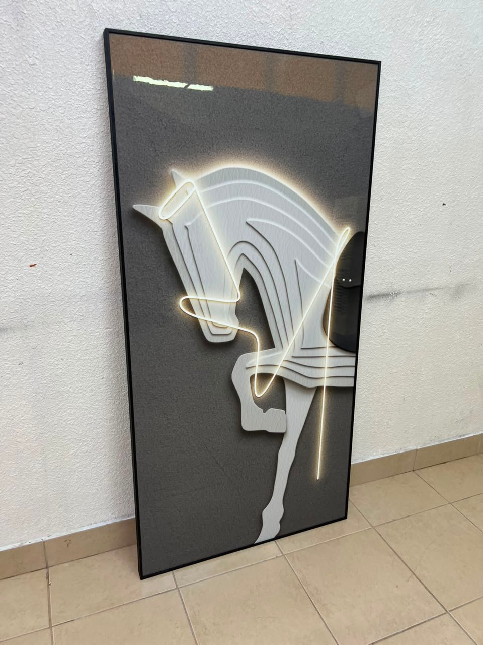 Modern 3D Neon Horse Wall Art – LED Lighted Black Framed Canvas with White Sculptural Horse, Contemporary Lighting for Living Room & Bedroom - Image 3