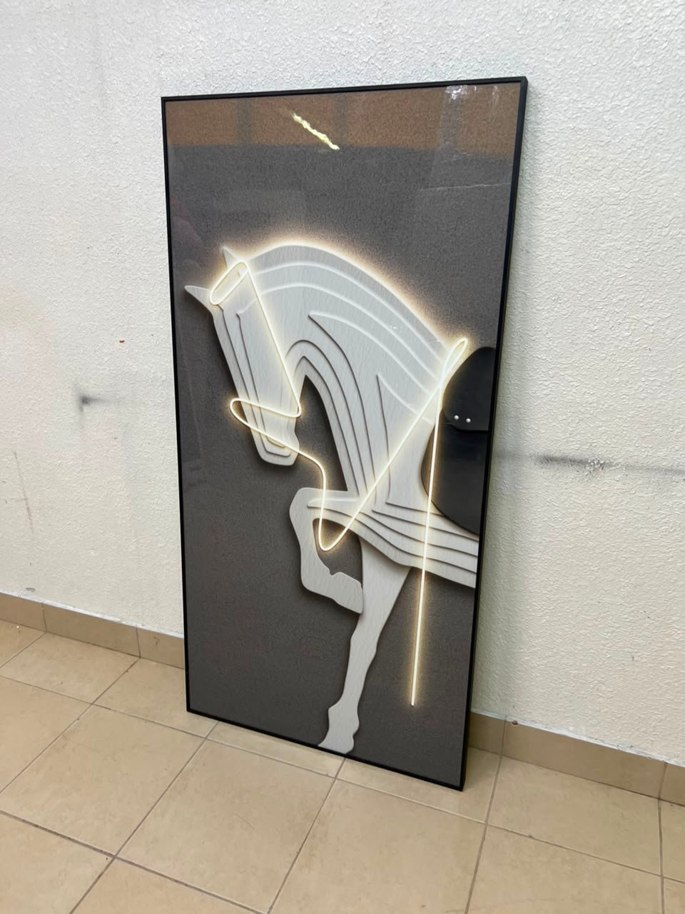 Modern 3D Neon Horse Wall Art – LED Lighted Black Framed Canvas with White Sculptural Horse, Contemporary Lighting for Living Room & Bedroom - Image 5