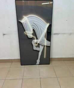 Modern 3D Neon Horse Wall Art – LED Lighted Black Framed Canvas with White Sculptural Horse, Contemporary Lighting for Living Room & Bedroom