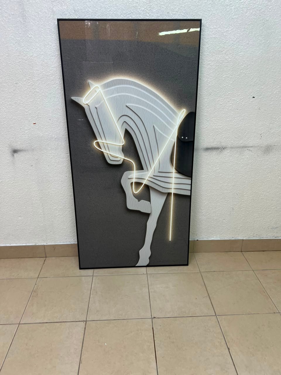 Modern 3D Neon Horse Wall Art – LED Lighted Black Framed Canvas with White Sculptural Horse, Contemporary Lighting for Living Room & Bedroom