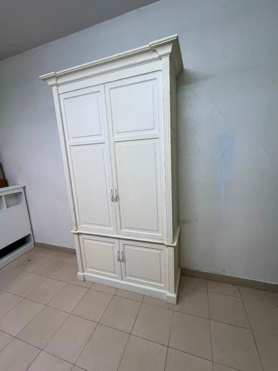 Classic White Paneled Wardrobe / Armoire – Traditional 2-Door Cabinet with Crown Molding, Top Rail & Bottom Storage Cupboard