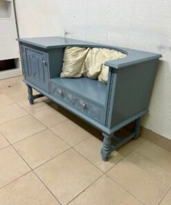 Classic Vintage Blue Storage Bench / Entryway Seat – Antique Style with Ornate Cabinet, Carved Drawer & Cream Cushion - Image 2