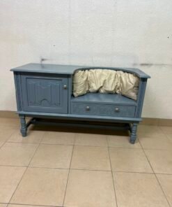 Classic Vintage Blue Storage Bench / Entryway Seat – Antique Style with Ornate Cabinet, Carved Drawer & Cream Cushion - Image 3