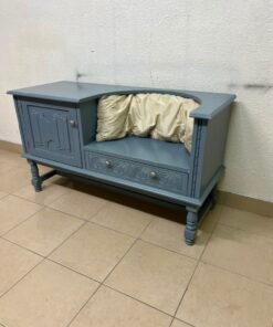 Classic Vintage Blue Storage Bench / Entryway Seat – Antique Style with Ornate Cabinet, Carved Drawer & Cream Cushion - Image 4