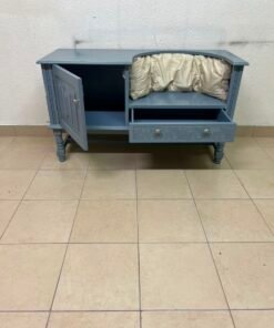 Classic Vintage Blue Storage Bench / Entryway Seat – Antique Style with Ornate Cabinet, Carved Drawer & Cream Cushion - Image 5