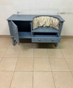 Classic Vintage Blue Storage Bench / Entryway Seat – Antique Style with Ornate Cabinet, Carved Drawer & Cream Cushion - Image 6