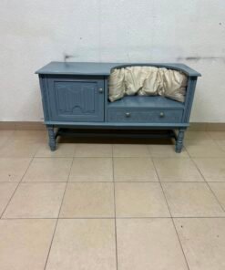 Classic Vintage Blue Storage Bench / Entryway Seat – Antique Style with Ornate Cabinet, Carved Drawer & Cream Cushion - Image 7