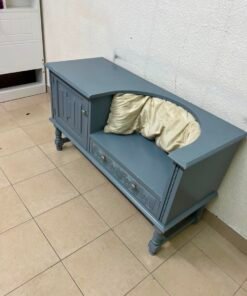 Classic Vintage Blue Storage Bench / Entryway Seat – Antique Style with Ornate Cabinet, Carved Drawer & Cream Cushion - Image 8