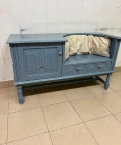 Classic Vintage Blue Storage Bench / Entryway Seat – Antique Style with Ornate Cabinet, Carved Drawer & Cream Cushion - Image 9