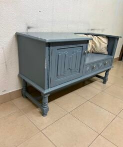 Classic Vintage Blue Storage Bench / Entryway Seat – Antique Style with Ornate Cabinet, Carved Drawer & Cream Cushion - Image 10
