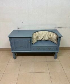 Classic Vintage Blue Storage Bench / Entryway Seat – Antique Style with Ornate Cabinet, Carved Drawer & Cream Cushion