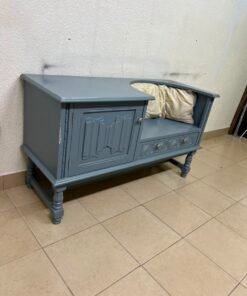 Classic Vintage Blue Storage Bench / Entryway Seat – Antique Style with Ornate Cabinet, Carved Drawer & Cream Cushion - Image 12