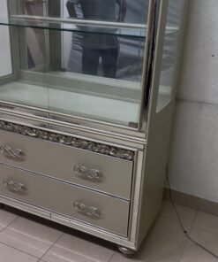 Luxurious Mirrored Display Cabinet / Curio with 2 Bottom Drawers – Champagne Silver Finish with Glass Shelves & Crystal Handles for Living Room & Dining Room - Image 3