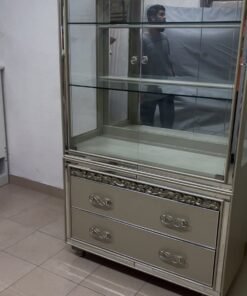 Luxurious Mirrored Display Cabinet / Curio with 2 Bottom Drawers – Champagne Silver Finish with Glass Shelves & Crystal Handles for Living Room & Dining Room - Image 4