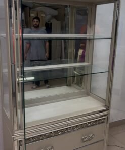 Luxurious Mirrored Display Cabinet / Curio with 2 Bottom Drawers – Champagne Silver Finish with Glass Shelves & Crystal Handles for Living Room & Dining Room - Image 5