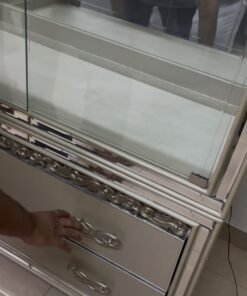 Luxurious Mirrored Display Cabinet / Curio with 2 Bottom Drawers – Champagne Silver Finish with Glass Shelves & Crystal Handles for Living Room & Dining Room - Image 6