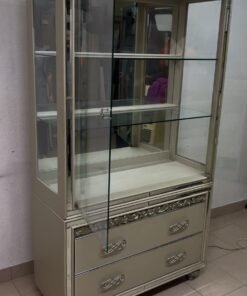 Luxurious Mirrored Display Cabinet / Curio with 2 Bottom Drawers – Champagne Silver Finish with Glass Shelves & Crystal Handles for Living Room & Dining Room - Image 7