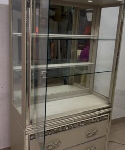 Luxurious Mirrored Display Cabinet / Curio with 2 Bottom Drawers – Champagne Silver Finish with Glass Shelves & Crystal Handles for Living Room & Dining Room - Image 8
