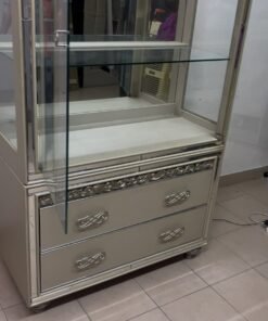 Luxurious Mirrored Display Cabinet / Curio with 2 Bottom Drawers – Champagne Silver Finish with Glass Shelves & Crystal Handles for Living Room & Dining Room - Image 9