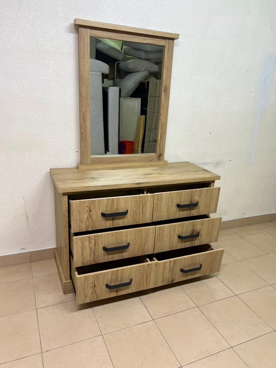 Modern Light Oak Dresser with Mirror – Rustic Wood 5-Drawer Chest with Black Metal Handles & Matching Frame for Bedroom & Vanity - Image 2