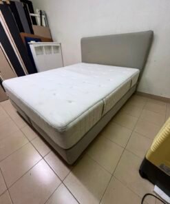 Modern Grey & White Divan Bed Set – Upholstered Headboard, Tufted White Mattress & Matching Grey Base for Bedroom & Guest Room