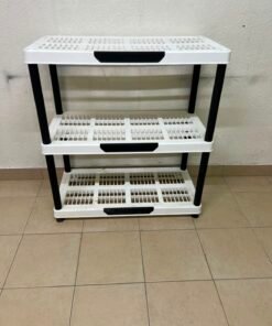 Modern 3-Tier Plastic Storage Shelf / Organizer Rack – White Ventilated Shelves with Black Frame for Garage, Bathroom, Kitchen & Office