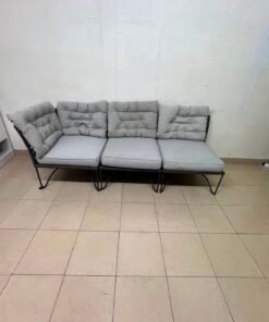 Modern Outdoor 3-Seater Wicker Sofa – Black Rattan Frame with Grey Tufted Cushions & Steel Legs for Patio, Garden & Balcony - Image 2