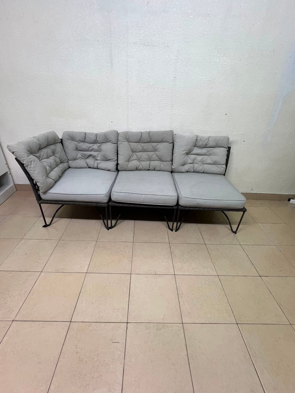 Modern Outdoor 3-Seater Wicker Sofa – Black Rattan Frame with Grey Tufted Cushions & Steel Legs for Patio, Garden & Balcony - Image 2