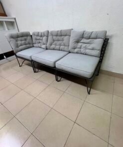 Modern Outdoor 3-Seater Wicker Sofa – Black Rattan Frame with Grey Tufted Cushions & Steel Legs for Patio, Garden & Balcony - Image 3