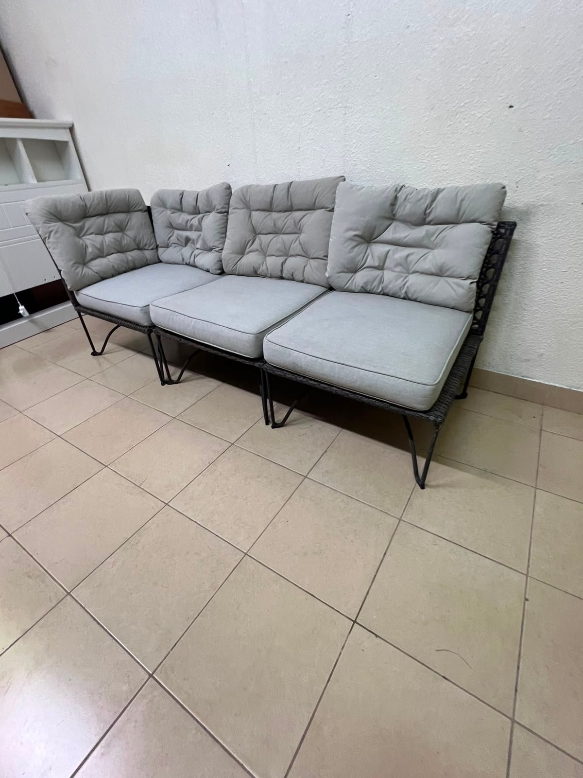 Modern Outdoor 3-Seater Wicker Sofa – Black Rattan Frame with Grey Tufted Cushions & Steel Legs for Patio, Garden & Balcony - Image 3