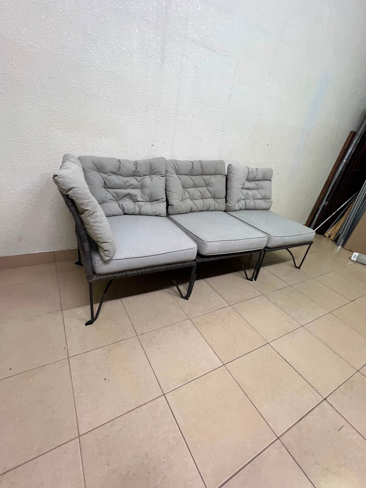 Modern Outdoor 3-Seater Wicker Sofa – Black Rattan Frame with Grey Tufted Cushions & Steel Legs for Patio, Garden & Balcony - Image 4