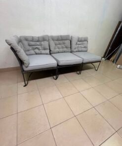 Modern Outdoor 3-Seater Wicker Sofa – Black Rattan Frame with Grey Tufted Cushions & Steel Legs for Patio, Garden & Balcony - Image 5