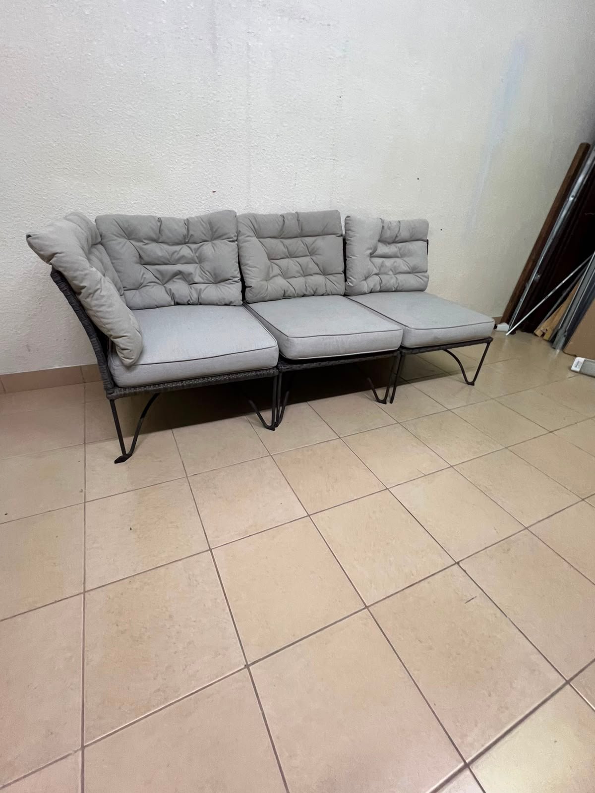 Modern Outdoor 3-Seater Wicker Sofa – Black Rattan Frame with Grey Tufted Cushions & Steel Legs for Patio, Garden & Balcony - Image 5