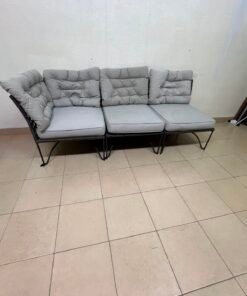 Modern Outdoor 3-Seater Wicker Sofa – Black Rattan Frame with Grey Tufted Cushions & Steel Legs for Patio, Garden & Balcony - Image 6