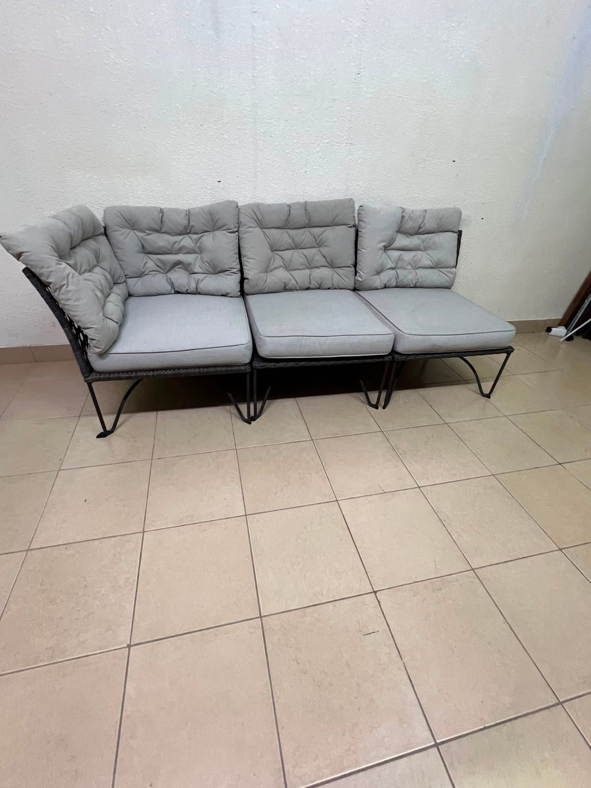 Modern Outdoor 3-Seater Wicker Sofa – Black Rattan Frame with Grey Tufted Cushions & Steel Legs for Patio, Garden & Balcony - Image 6