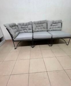 Modern Outdoor 3-Seater Wicker Sofa – Black Rattan Frame with Grey Tufted Cushions & Steel Legs for Patio, Garden & Balcony - Image 7