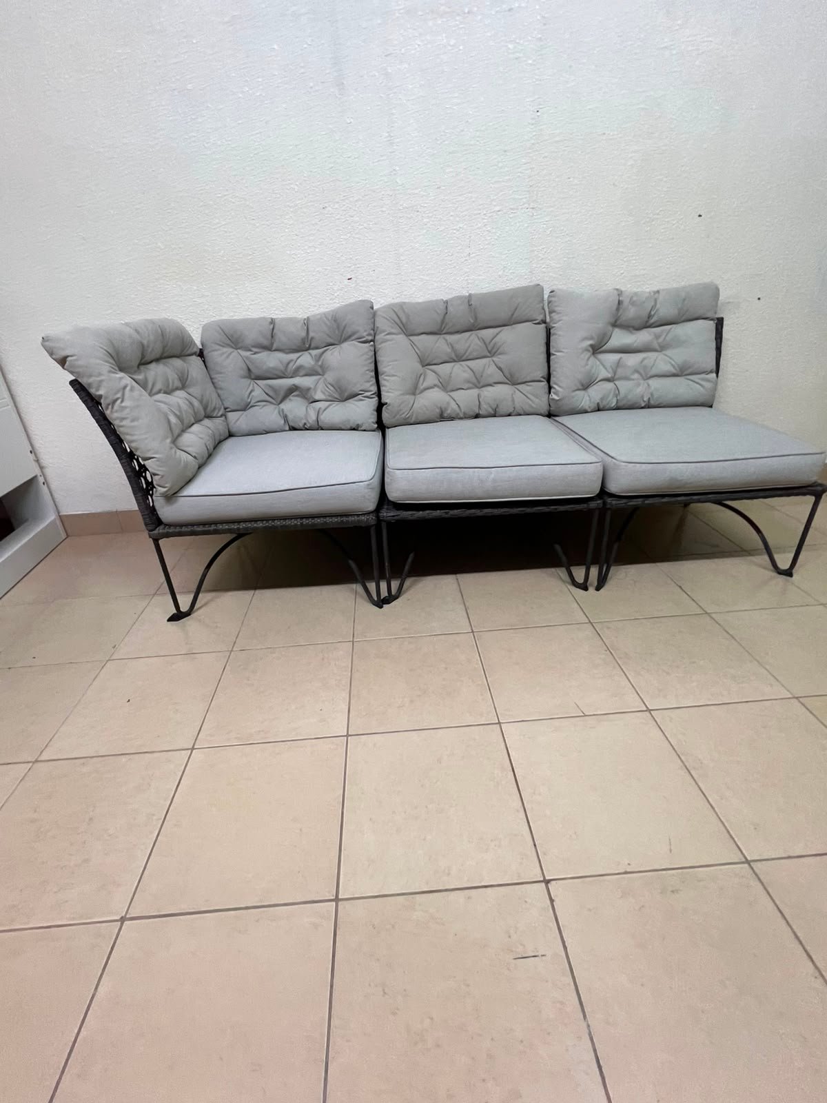 Modern Outdoor 3-Seater Wicker Sofa – Black Rattan Frame with Grey Tufted Cushions & Steel Legs for Patio, Garden & Balcony - Image 7