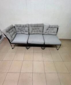 Modern Outdoor 3-Seater Wicker Sofa – Black Rattan Frame with Grey Tufted Cushions & Steel Legs for Patio, Garden & Balcony