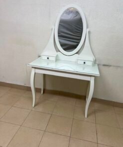 Classic White Vanity Dressing Table with Oval Mirror & Glass Top – Elegant Makeup Desk with 2 Drawers & Curved Cabriole Legs - Image 2
