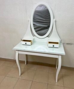 Classic White Vanity Dressing Table with Oval Mirror & Glass Top – Elegant Makeup Desk with 2 Drawers & Curved Cabriole Legs - Image 3