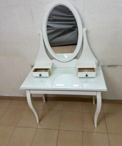 Classic White Vanity Dressing Table with Oval Mirror & Glass Top – Elegant Makeup Desk with 2 Drawers & Curved Cabriole Legs - Image 4