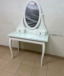 Classic White Vanity Dressing Table with Oval Mirror & Glass Top – Elegant Makeup Desk with 2 Drawers & Curved Cabriole Legs - Image 5